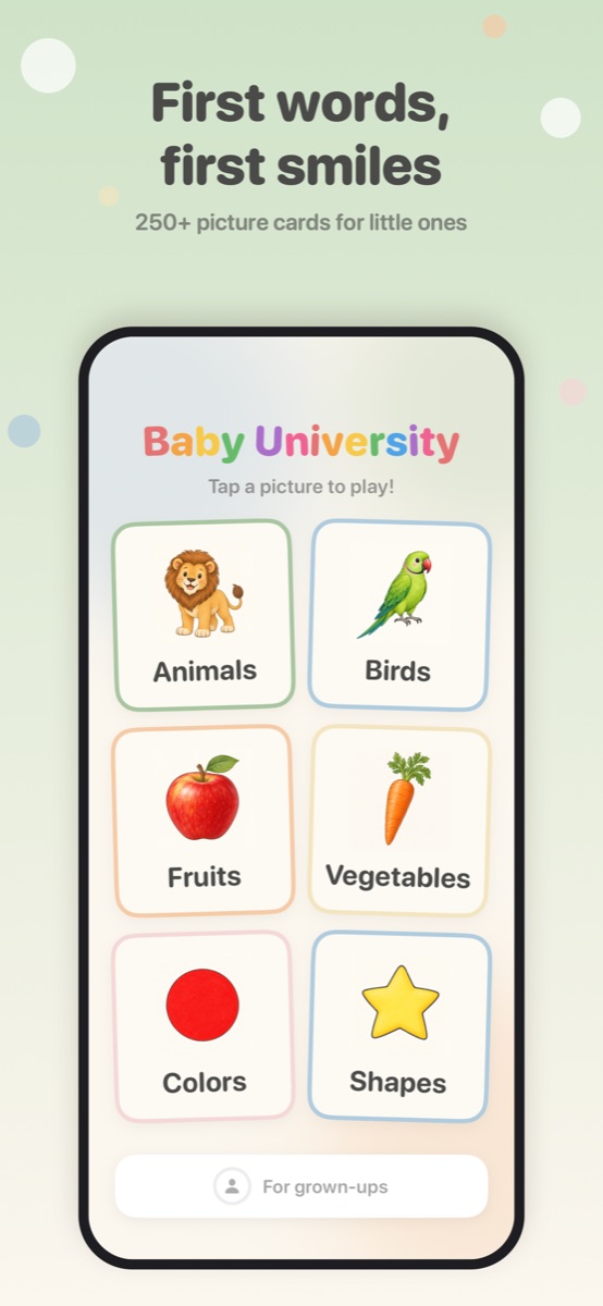 Home screen with six topics: animals, birds, fruits, vegetables, colors and shapes